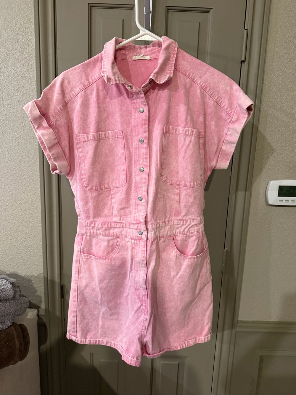 entro Pink Short-Sleeve Denim Romper with Front Pockets